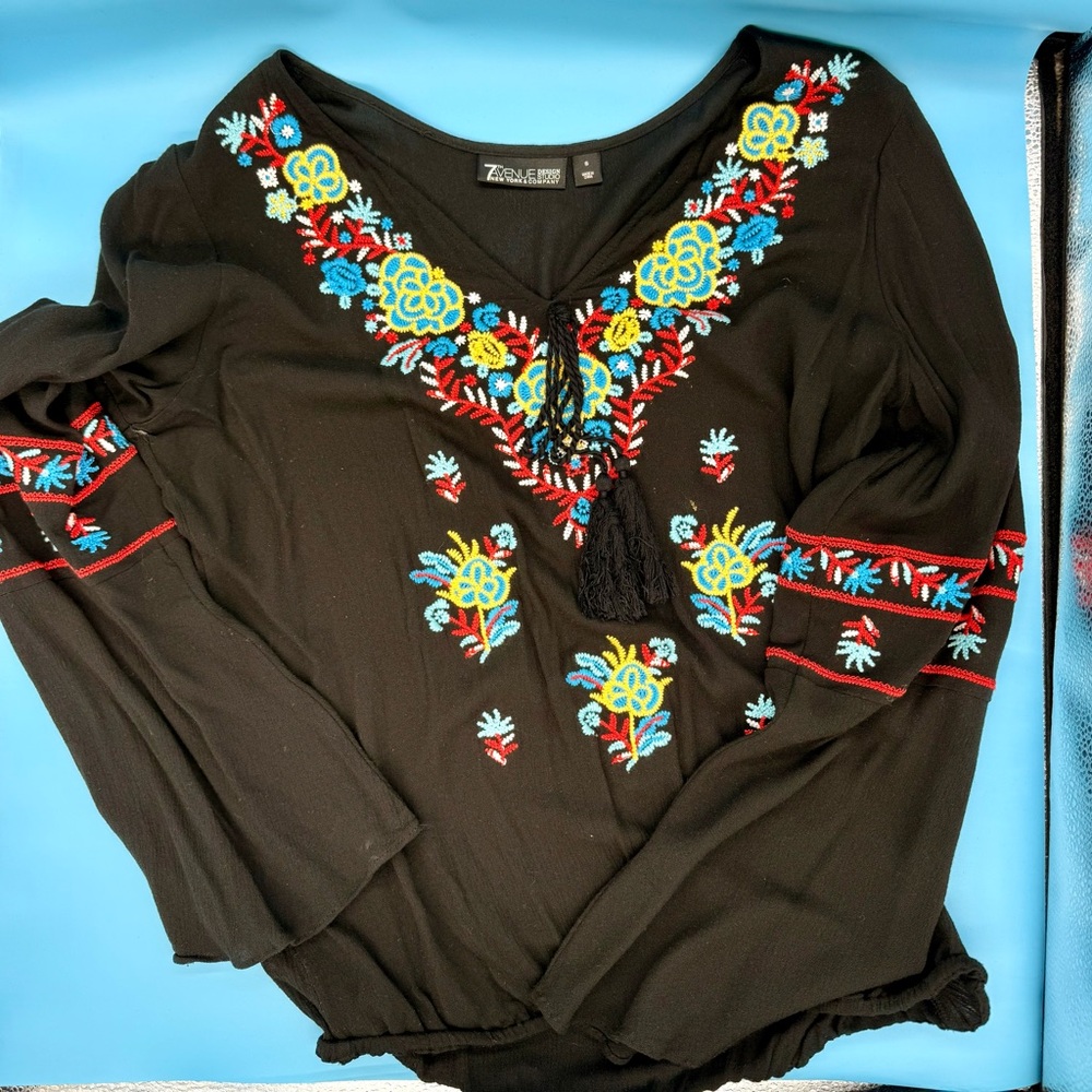New York & Company Black Blouse with Colorful Embroidery